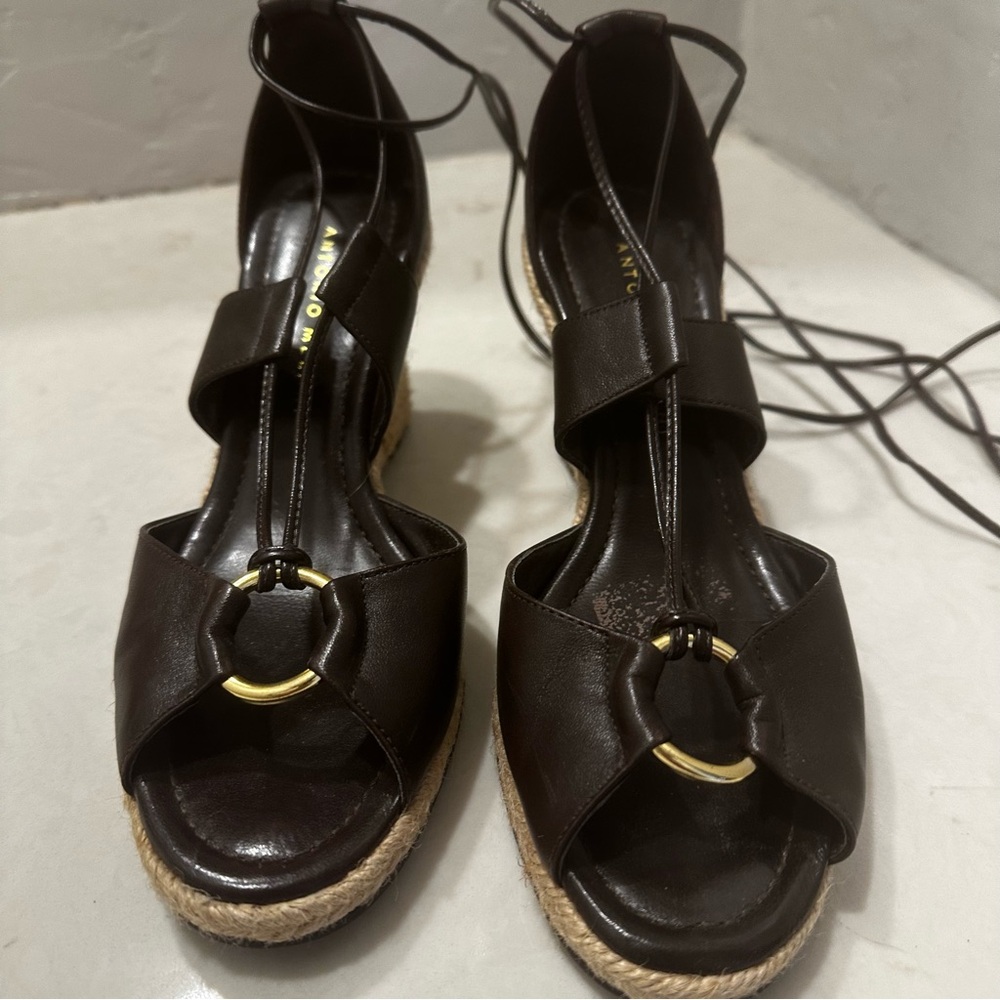 Antonio Melani Size 6.5M Espadrilles Chocolate Brown Leather Jute Wedge Lace Up